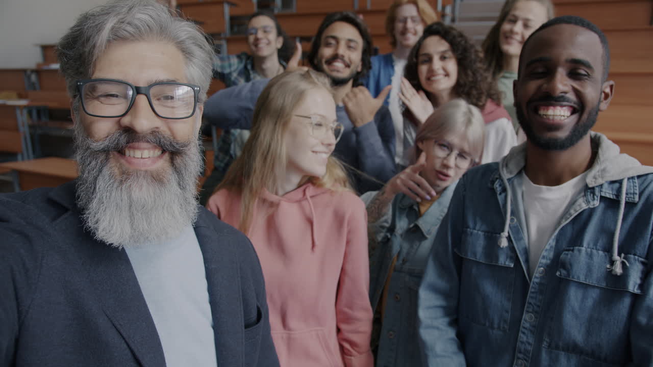 Happy Students and Teacher Selfie in Classroom