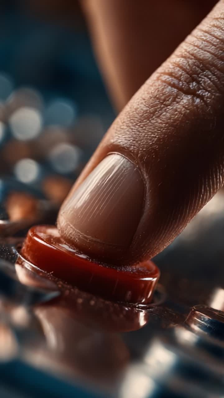 Close-Up Shot of a Finger Pressing a Circular Button on a Device, Highlighting Textured Surface and Reflective Details in a Softly Blurred Background