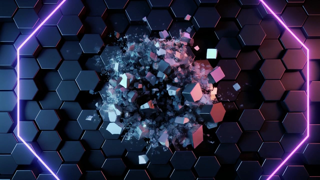Abstract 3D Animation of Exploding Metallic Cubes on Hexagonal Surface