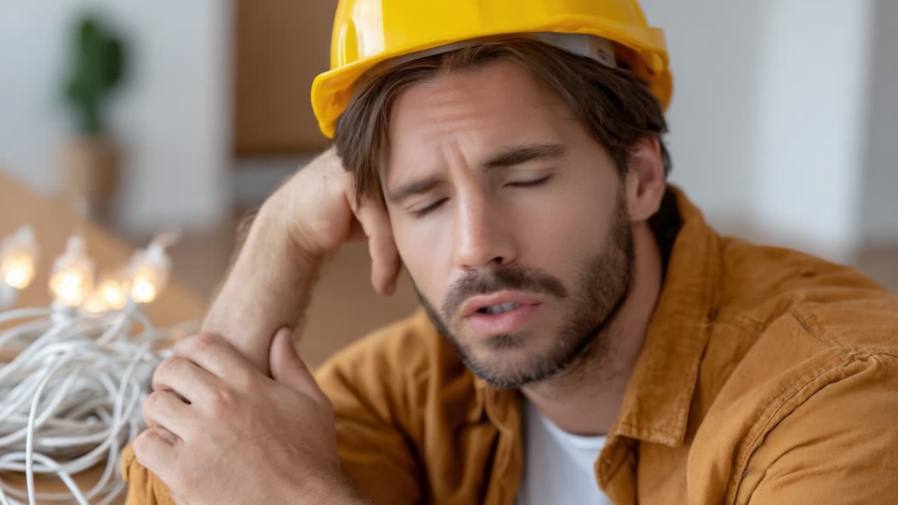 A Thoughtful Construction Worker in a Yellow Hard Hat Ponders His Next Steps, Surrounded by Tools and Equipment in a Bright Workspace