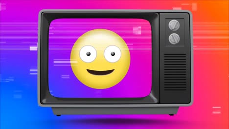 Alter-TV-Beitrag,-Der-Ein-Verrücktes-Emoji-Vor-Einem-Mehrfarbigen-Hintergrund-Mit-Brutzelndem-Fernsehen-Zeigt