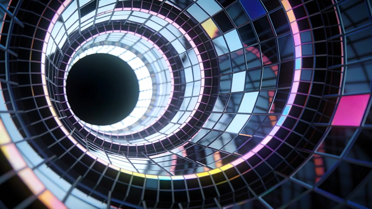 Túnel en espiral de azulejos en movimiento girando mientras la cámara avanza en CGI mostrando anillos iluminados.