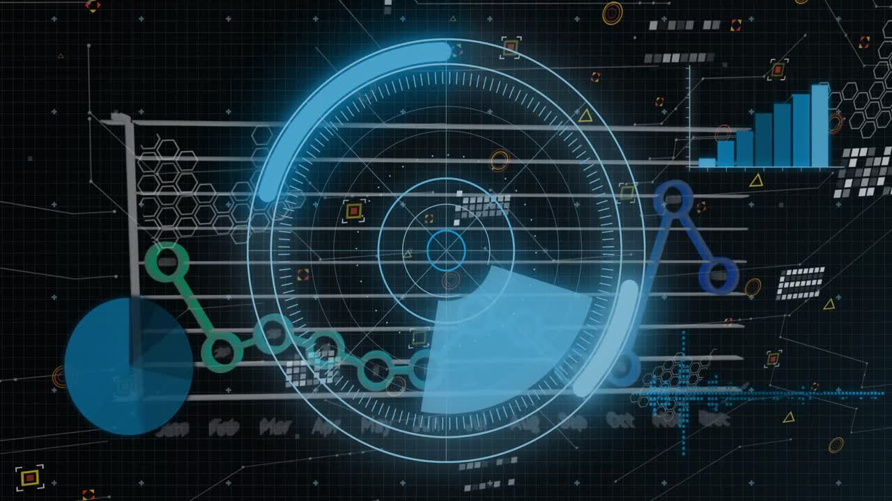 animación del escáner redondo y procesamiento de datos estadísticos contra un fondo negro.