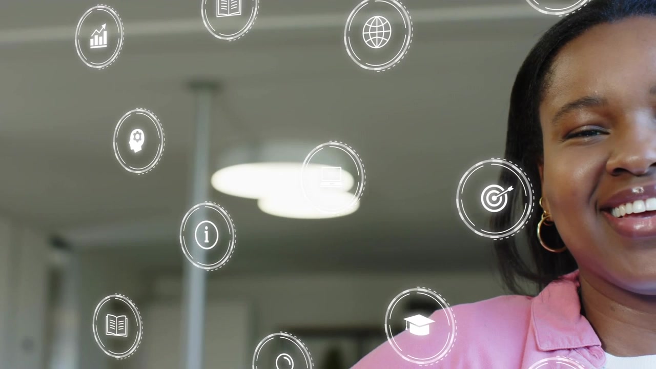Woman presenter smiling in office as education icons appearing and floating in front for learning