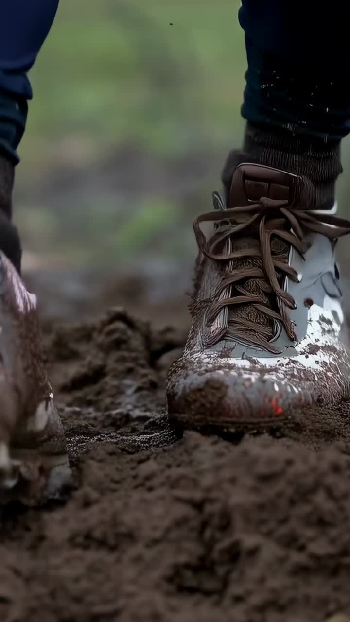 Vertical video: Pressing into mud, runner in dark tights cleated shoes sinking while crossing field