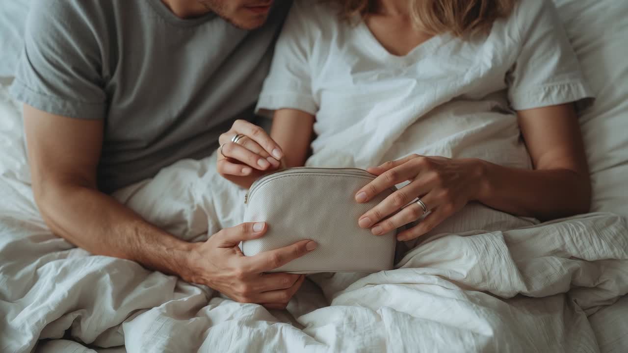 Pulling zipper after hands on pouch, woman and man steadying it on bed, checking inside, tees
