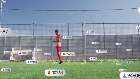 Animation-of-multiple-notification-bars-over-biracial-soccer-player-doing-jumping-drill-before-match