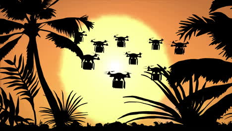 animation of silhouette of palm trees and drones with boxes on brown background