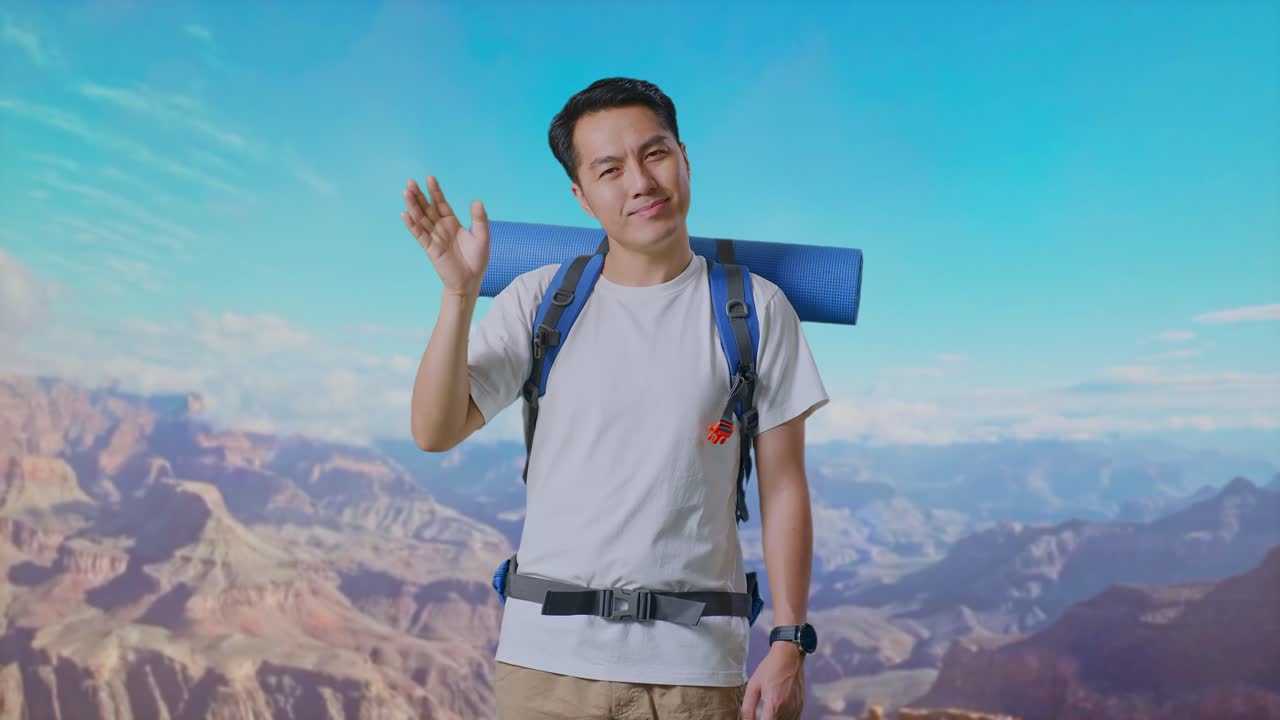 Asian Male Hiker With Mountaineering Backpack Waving Hand And Saying Bye While Traveling At The Top Of Mountain