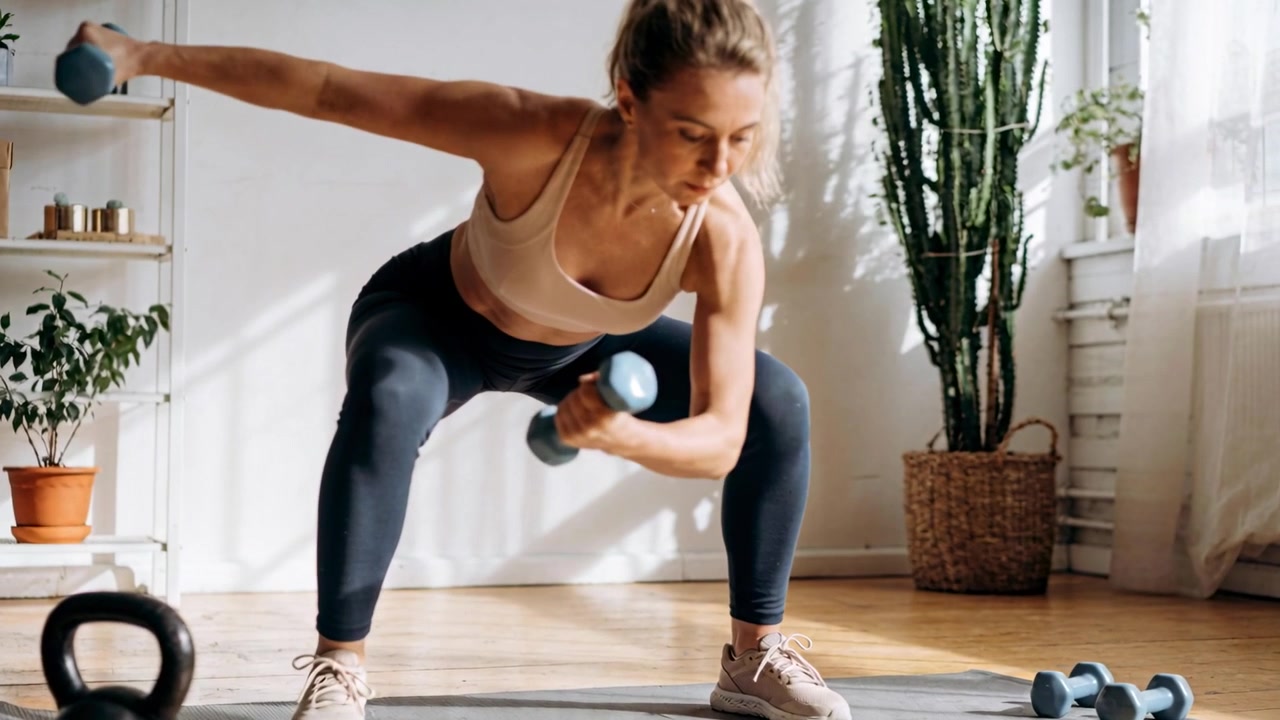 Donna in reggiseno sportivo che inizia l'allenamento, alternando remate o alzate in posizione di squat con manubri a casa per tonificare.