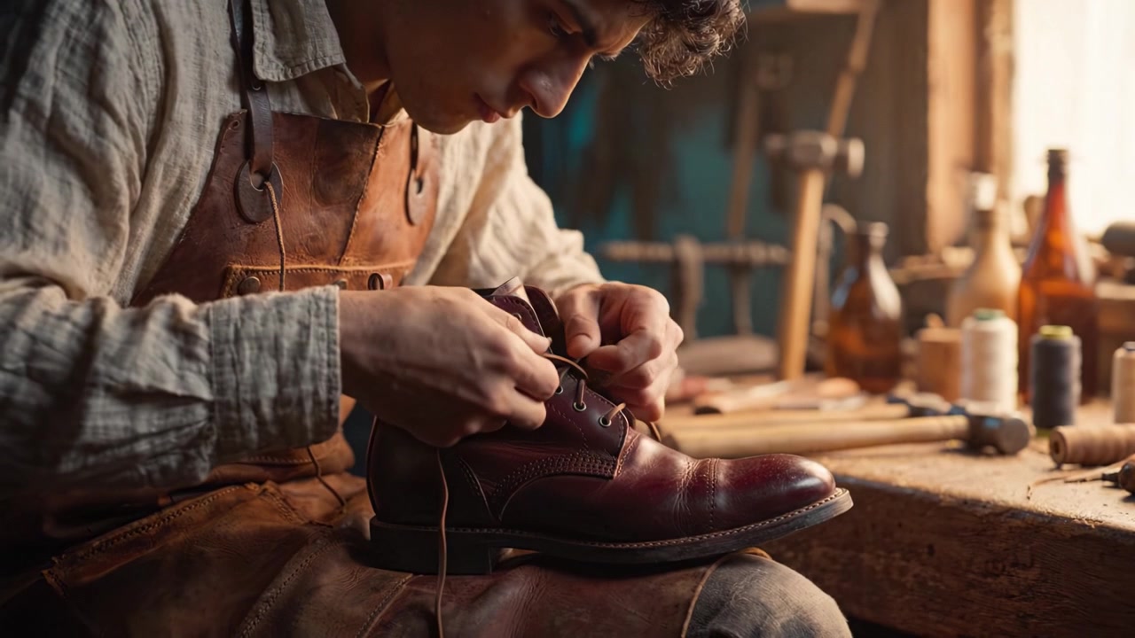 Habilidade Artesanal: Um Sapateiro Habilidoso Cuida de um Par de Botas de Couro Marrom, Atando e Finalizando Perfeitamente Seu Trabalho Artesanal em um Ambiente de Oficina