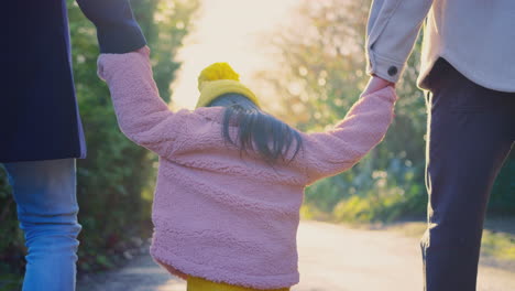 Rückansicht-Einer-Familie-Mit-Zwei-Vätern,-Die-Mit-Ihrer-Tochter-Im-Herbst-Oder-Winter-Auf-Dem-Land-Spazieren-Gehen