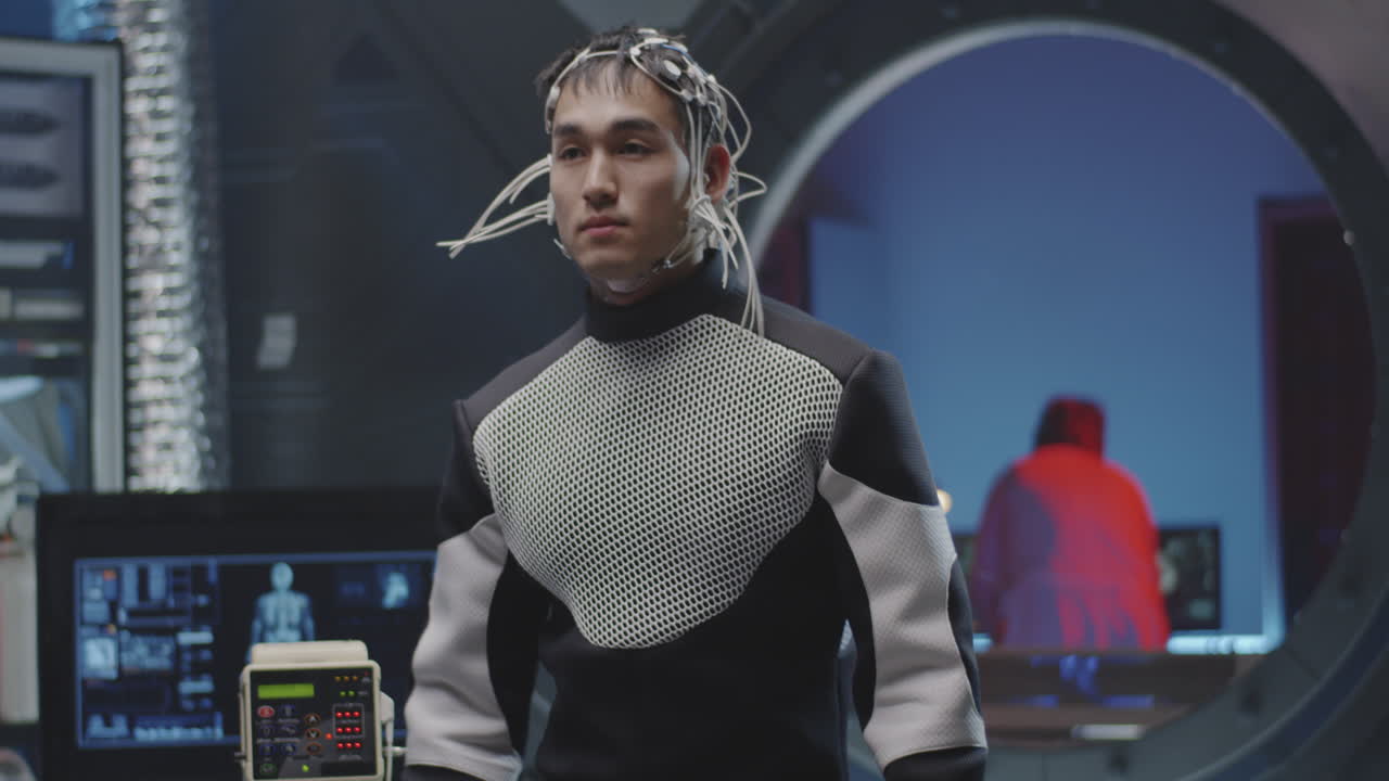 Person in Futuristic Lab Experiment