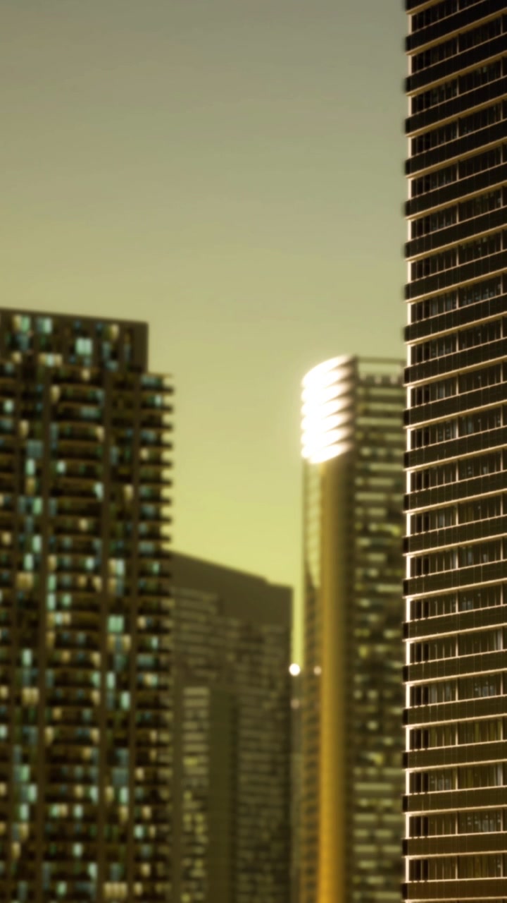 Horizonte da cidade ao pôr do sol com edifícios modernos e cores quentes.