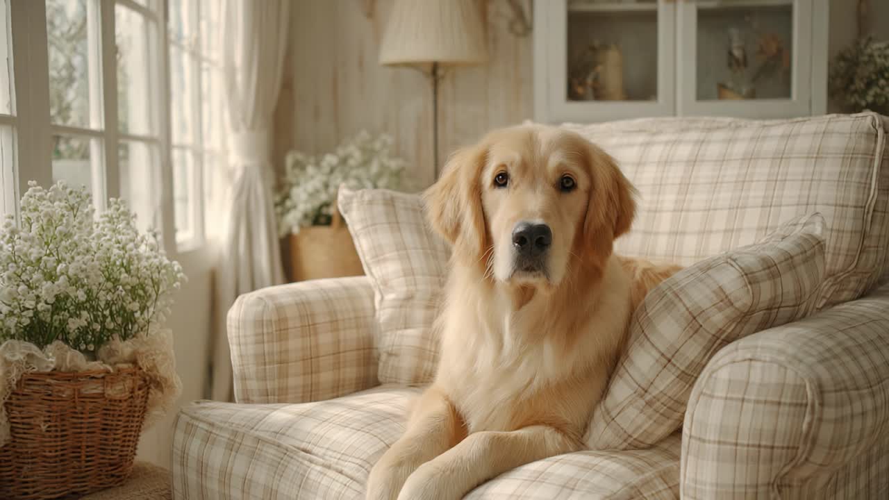 A Golden Retriever Relaxing Comfortably on a Cozy Couch Surrounded by Natural Light and Beautiful Floral Decor in a Warm Living Room Setting