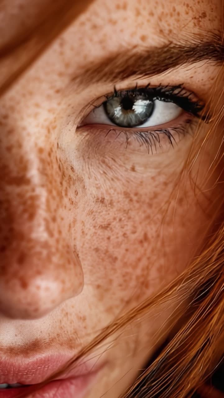 Accattivante primo piano di una giovane persona che mostra lentiggini sorprendenti e uno sguardo penetrante, enfatizzando la bellezza dei tratti naturali e l'individualità in questo ritratto intimo.