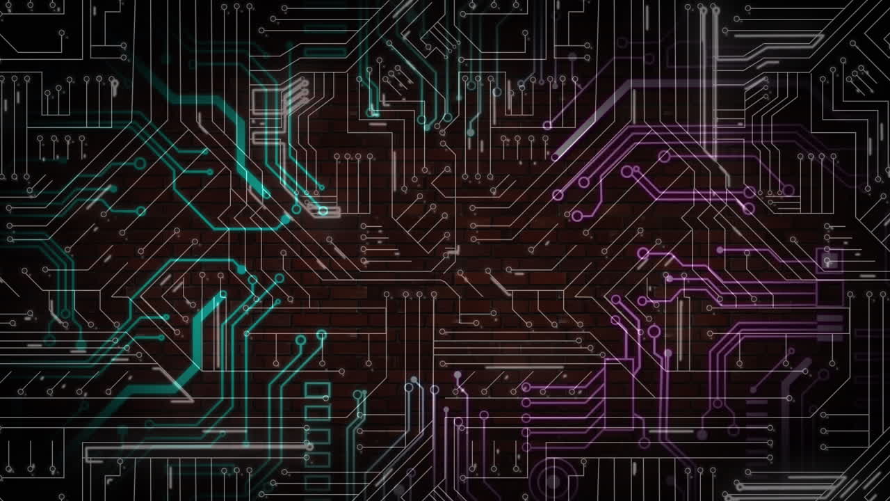 Animation of data processing on glowing computer circuit board