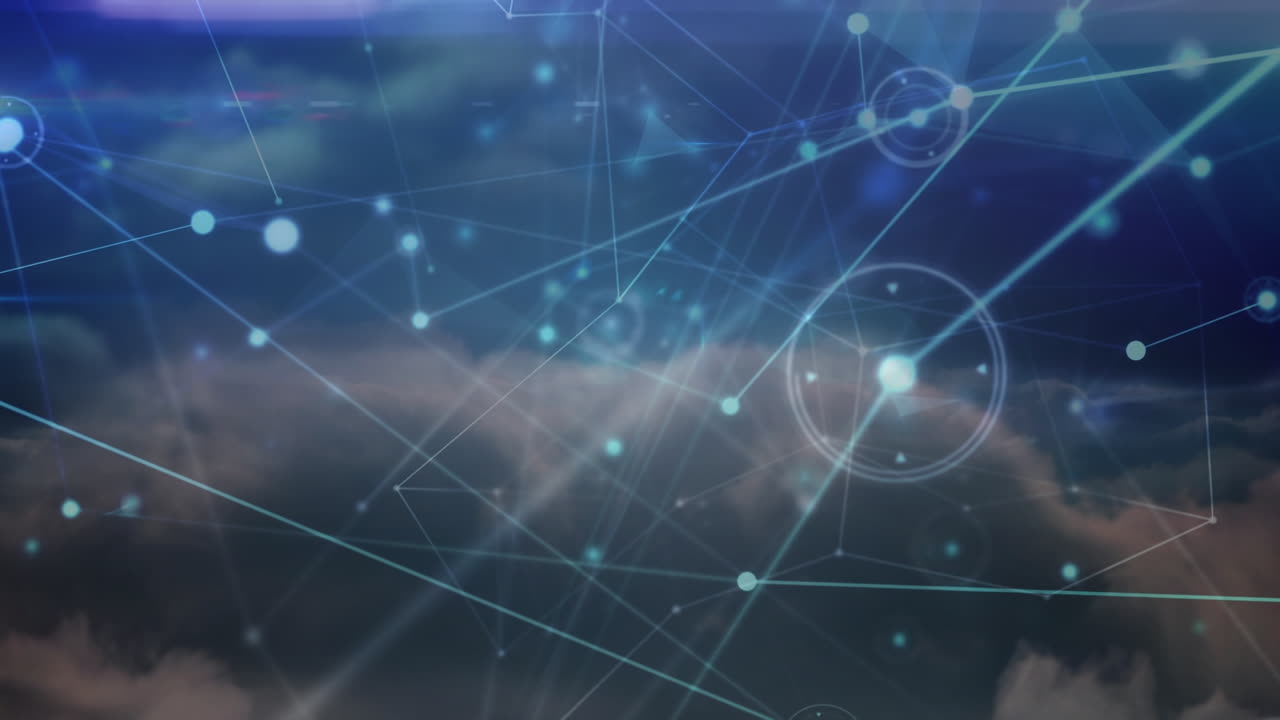 Animation of network of connections with icons over clouds