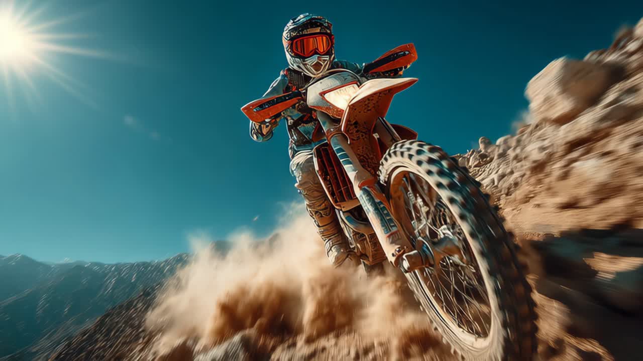 Thrilling mountain descent on dirt bike with bright sun applause