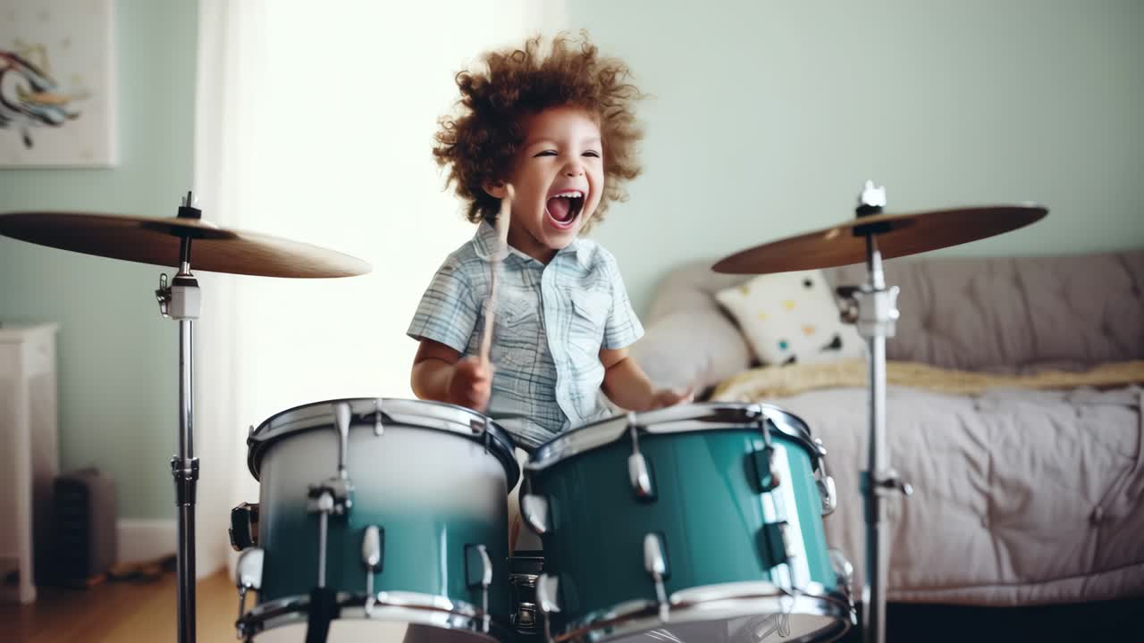 A joyful child playing drums with enthusiasm. Captured at eye level, the video-style image conveys