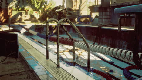 old pool with rusty railings and faded tiles in a deserted outdoor area