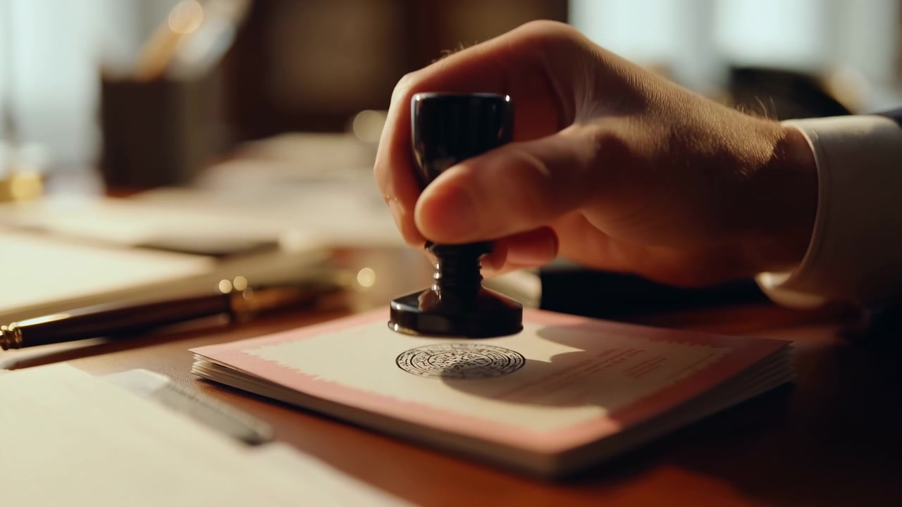 Primo piano di una mano professionale che preme un timbro di gomma rotondo su un documento cartaceo su una scrivania di legno. Illuminazione calda da ufficio, profondità di campo ridotta