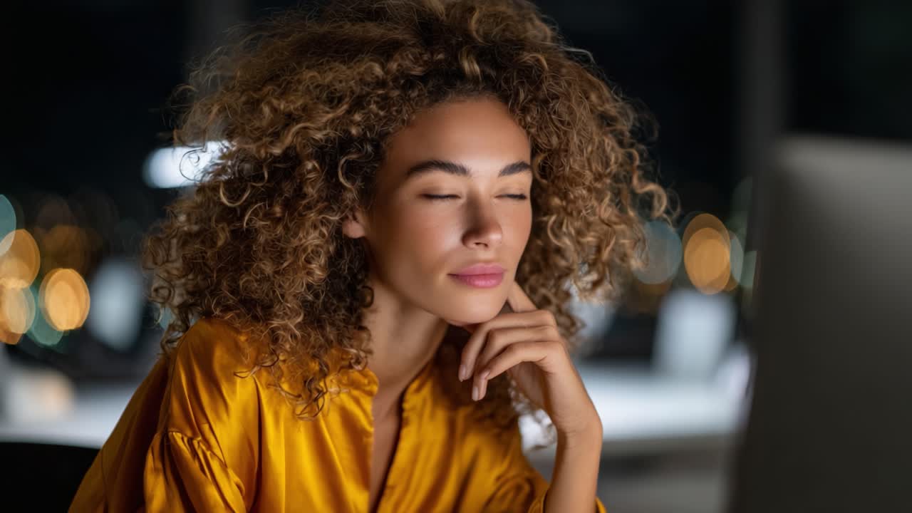 A Thoughtful Moment: Capturing the Serene Expression of a Young Woman with Beautiful Curly Hair as She Focuses on Her Computer Screen in a Cozy, Evening Setting
