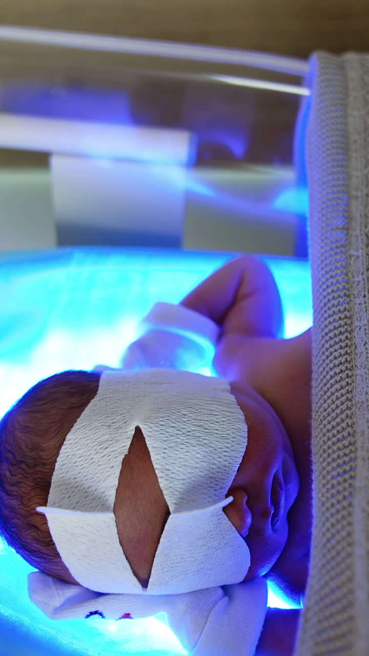 Little infant with bandage on eyes lies in a crib hand behind head. Newborn is treated from high bilirubin levels. Vertical video