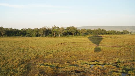 hot air balloon flight ride, high view flying over maasai mara landscape in africa, aerial shot of beautiful african savannah scenery at sunrise in amazing travel experience luxury ballooning trip