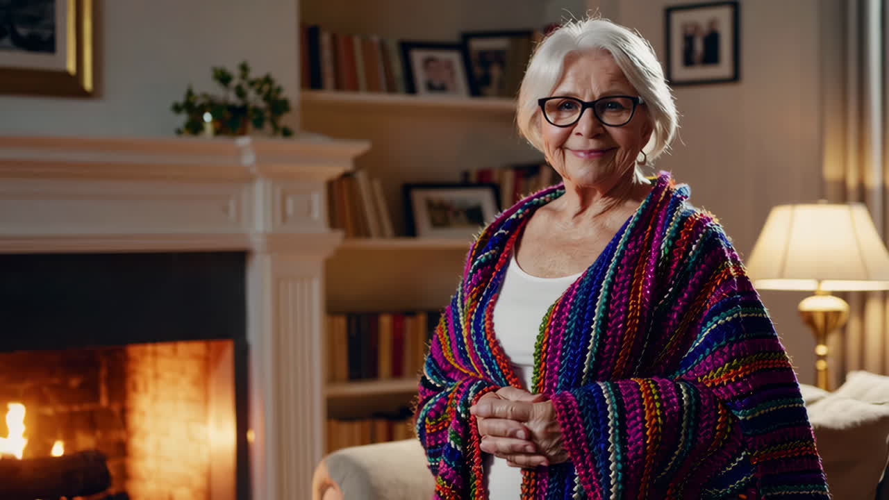 Smiling Senior Woman by the Fireplace