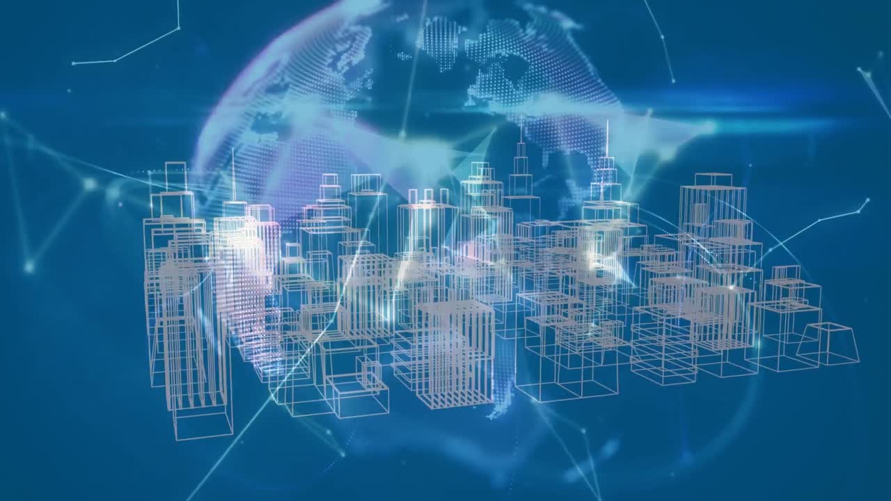 Animation of 3d city drawing spinning with globe of network of connections