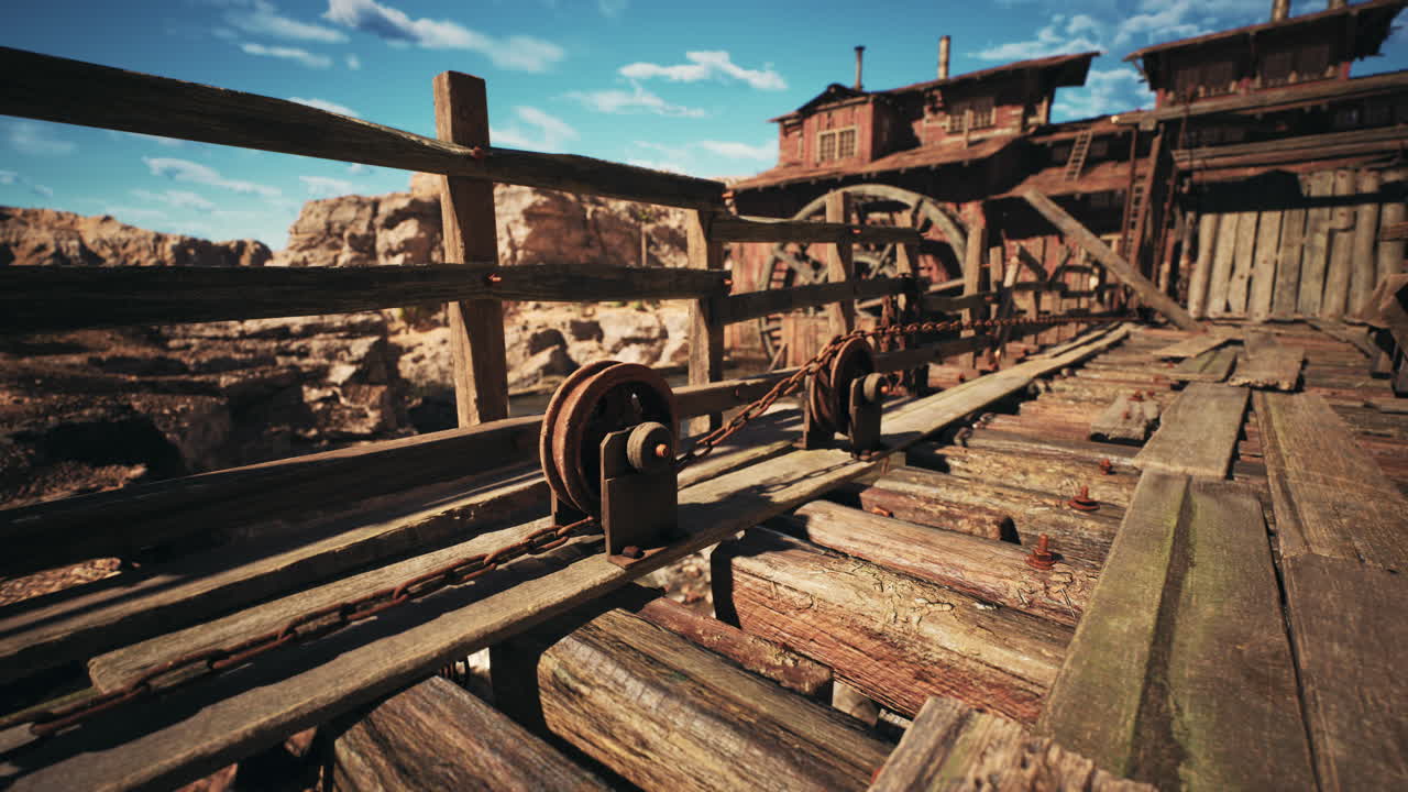 Detailed view of rustic machinery on an aged wooden dock at a mining site