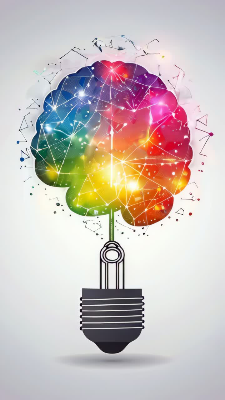 A light bulb with a glowing brain on white background, Colors, Moving, Spreading