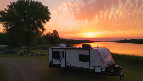 travel trailer at a campsite by the river at sunset