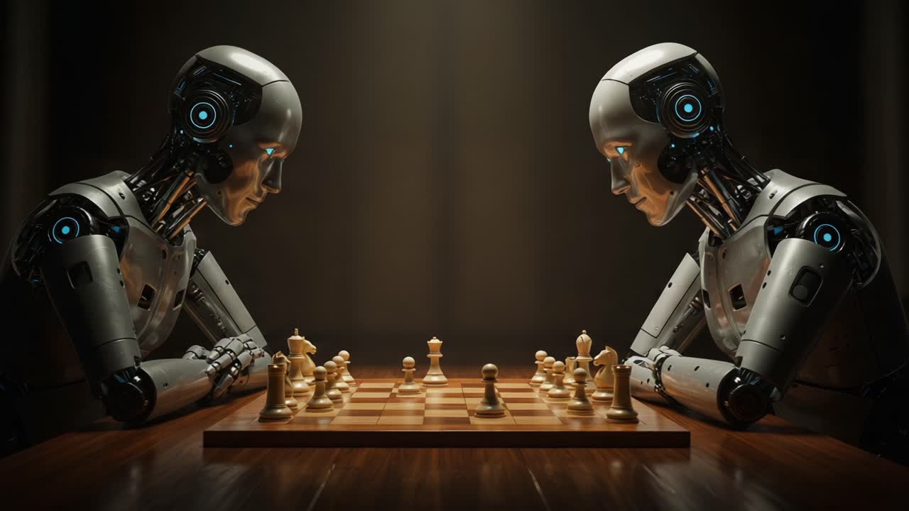 A Strategic Showdown: Two Advanced Robots Engage in a Tense Game of Chess, Showcasing the Intersection of Technology and AI in a Fascinating Battle of Wits