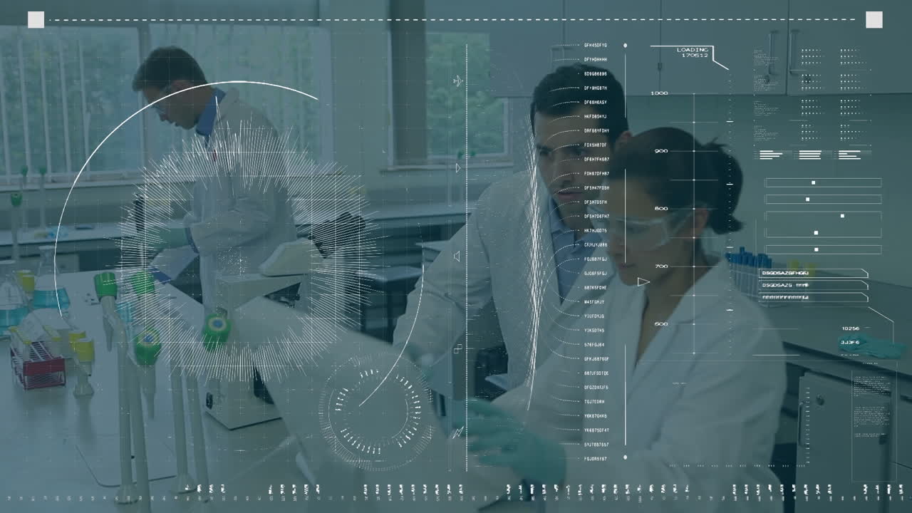 animación del procesamiento de datos científicos sobre diversos científicos en el laboratorio