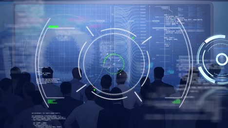 animation of financial data processing and scope scanning over business people silhouettes