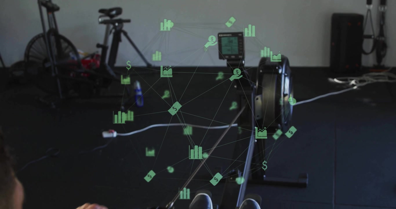 Male athlete starting rowing pushing legs pulling handle spawning green data icons tracking fitness