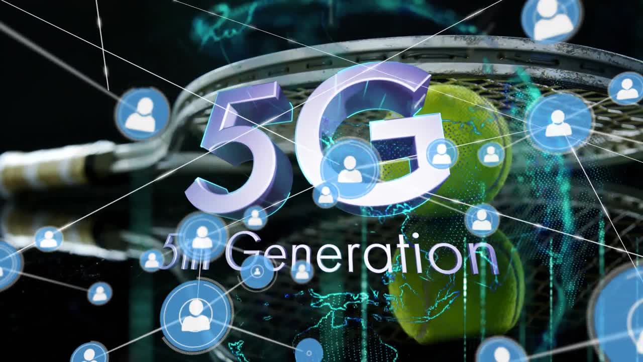 animación de la red de conexiones con iconos y globo sobre fondo negro