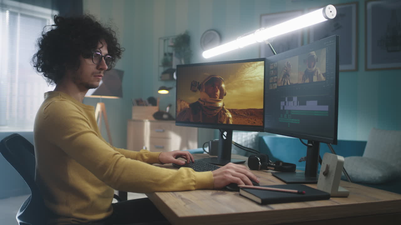 Side view of man editing video at home workstation