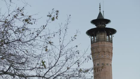 a closed air, tree and stone mosque minaret with wooden ceiling