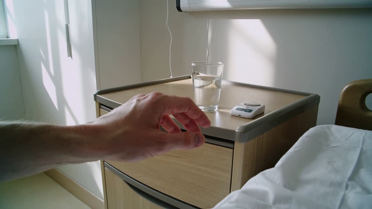 Mano sinistra e avambraccio che si allungano verso il comodino, notando un bicchiere e afferrandolo per bere.