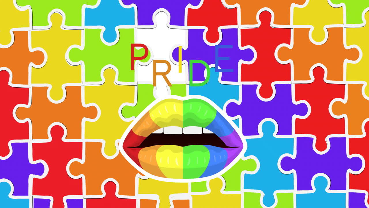 Rainbow-colored lips with puzzle pieces and PRIDE text animation