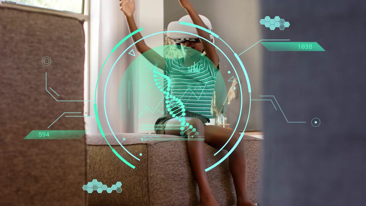 Youth female adjusting VR headset, reaching toward left and manipulating DNA HUD for tech learning
