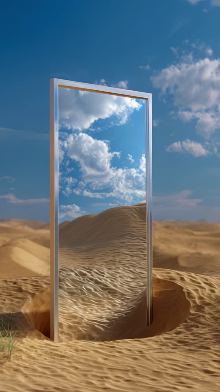 Uno specchio mistico si erge in un paesaggio desertico, riflettendo i cieli sovrastanti tra le sabbie dorate, offrendo uno sguardo su un mondo enigmatico oltre
