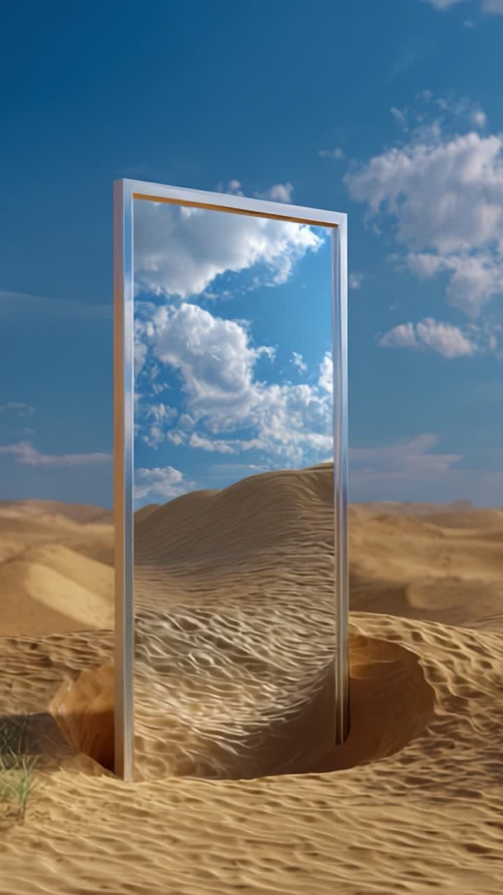 A Mystical Mirror Stands in a Desert Landscape, Reflecting the Skies Above Amidst the Golden Sands, Offering a Glimpse into an Enigmatic World Beyond