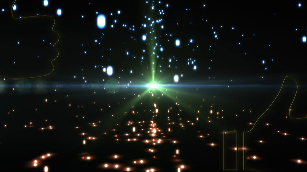 검은 바탕 위에 떨어지는 네온 같은 아이콘과 별의 애니메이션