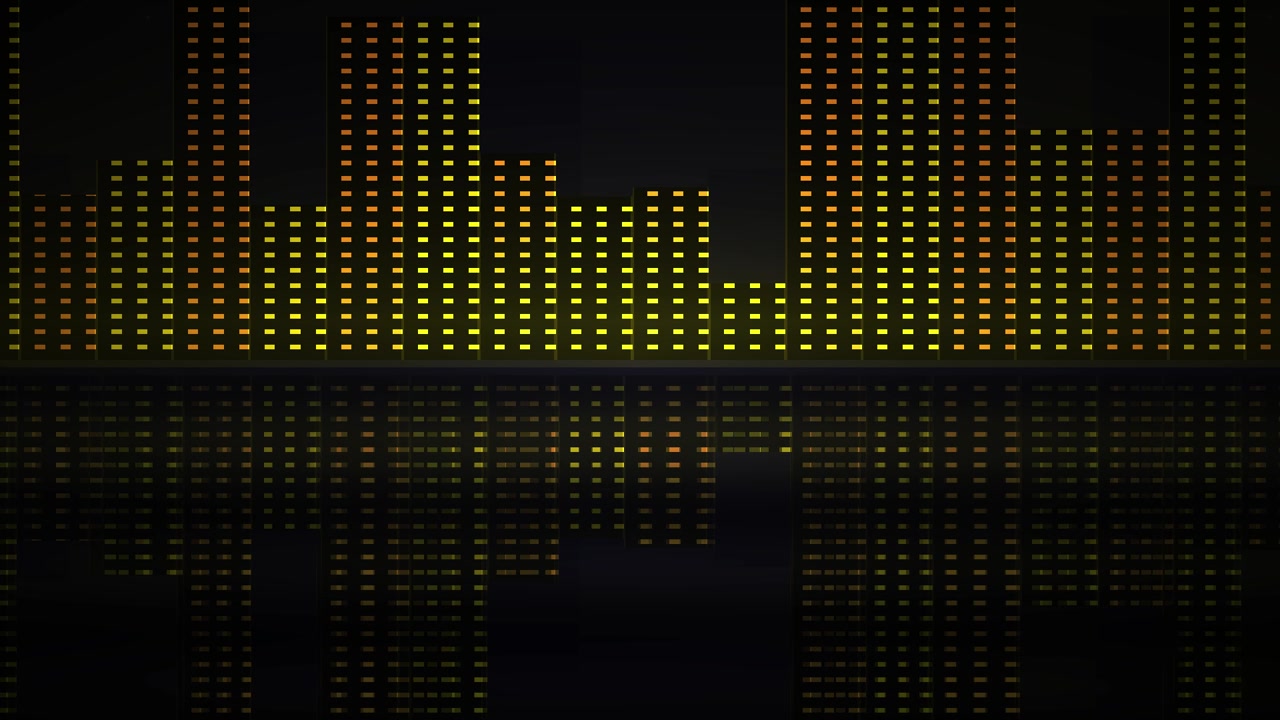 Animated Digital Audio Equalizer with Reflecting Pixelated Cityscape