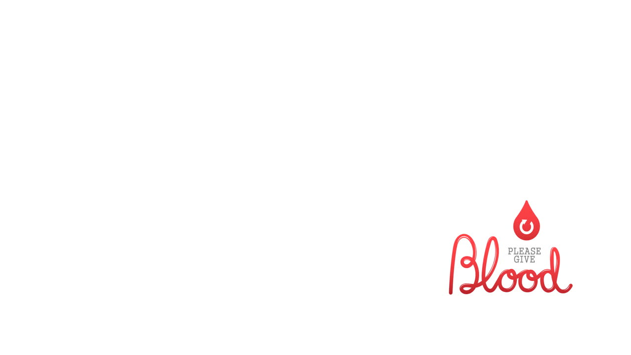 Animation of please give blood text with arrow in red blood droplet logo, on white background