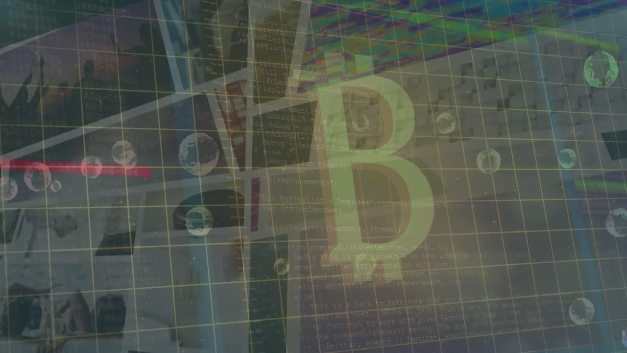 animación de bitcoin sobre el fondo con burbujas y procesamiento de datos